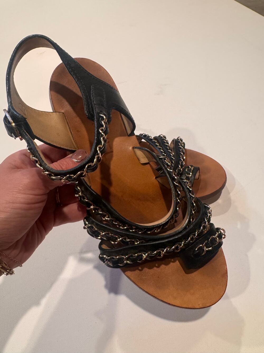 CHANEL Gold Chain Link Leather Flat Sandals, 37